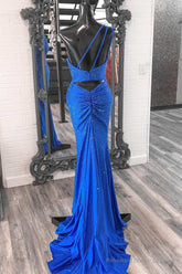 Blue Beaded One-Shoulder Ruched Long Formal Dress with Slit